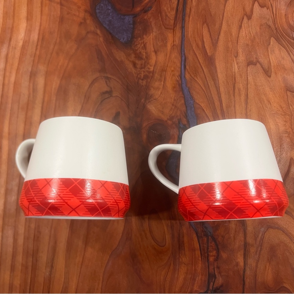 Peet's Coffee Mug Red Tartan Plaid Base White Ceramic 17 Oz Bundle of 2